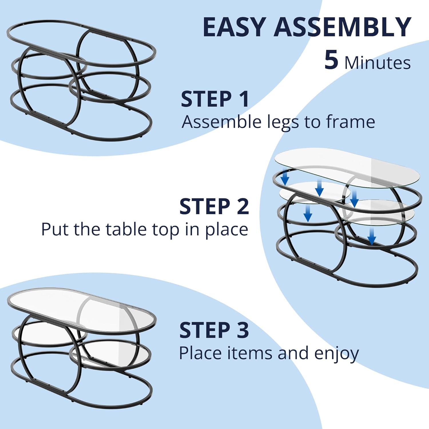 Cozy Castle 40" Glass Coffee Table with Metal Frame, Storage Living Room Table for Home, Sturdy, Tempered Glass, Easy to Assemble, Black