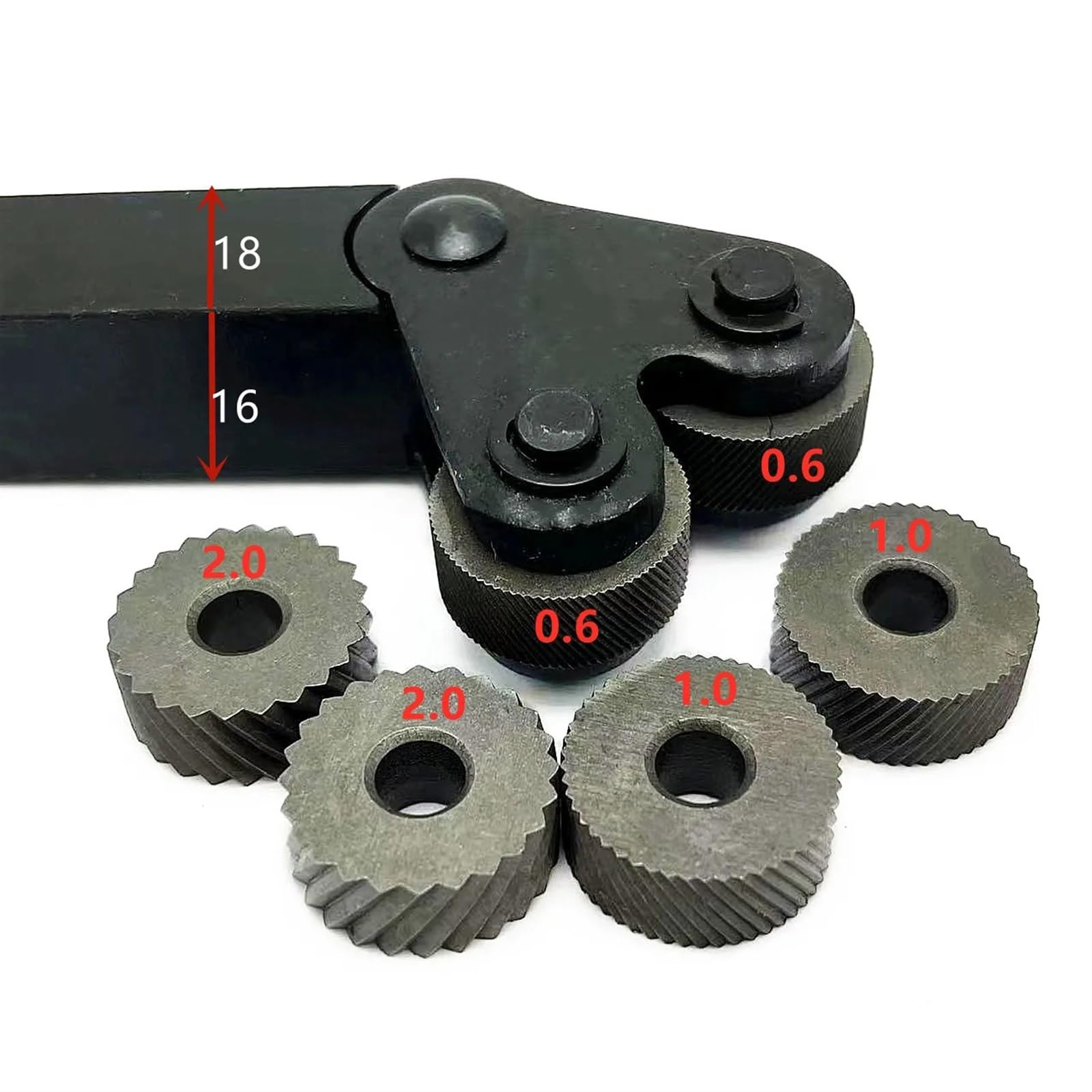 Narzędzie do radełkowania, Opakowanie 7 sztuk: koła radełkowane skośne 0,6/1,0/2,0 mm HSS i stalowy uchwyt do tokarki 16 mm x 18 mm