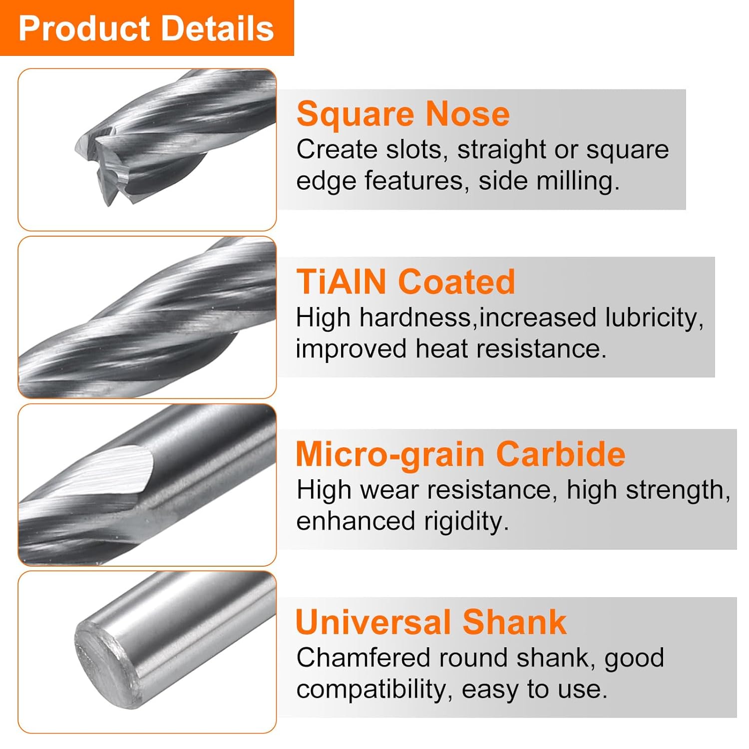 HARFINGTON 5pcs Carbide Square Nose End Mill Bit 7/64" Cut Dia 4 Flutes TiAlN Coated Milling Cutter for Hardened Steel Metal (7/64" Shank 3/8" Cut Length 1-1/2" Long 30 Degree HRC53-55)