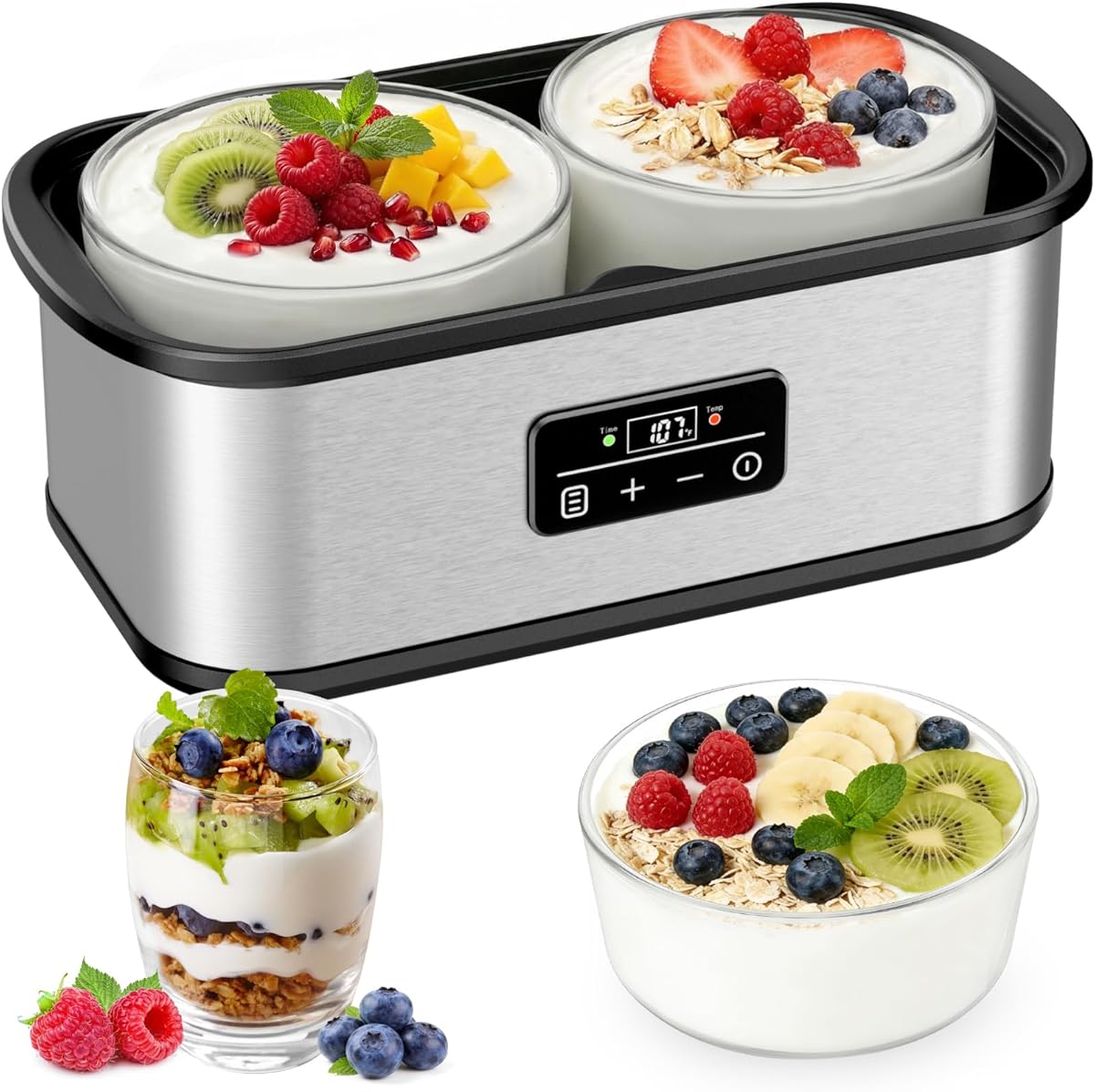 Yogurt Maker with Two Containers, Yogurt Maker Machine with Adjustable Temperature & Time Control, Automatic Shut-Off & Constant Temper for Homemade Probiotic Yogurt, Promoting Gut Health