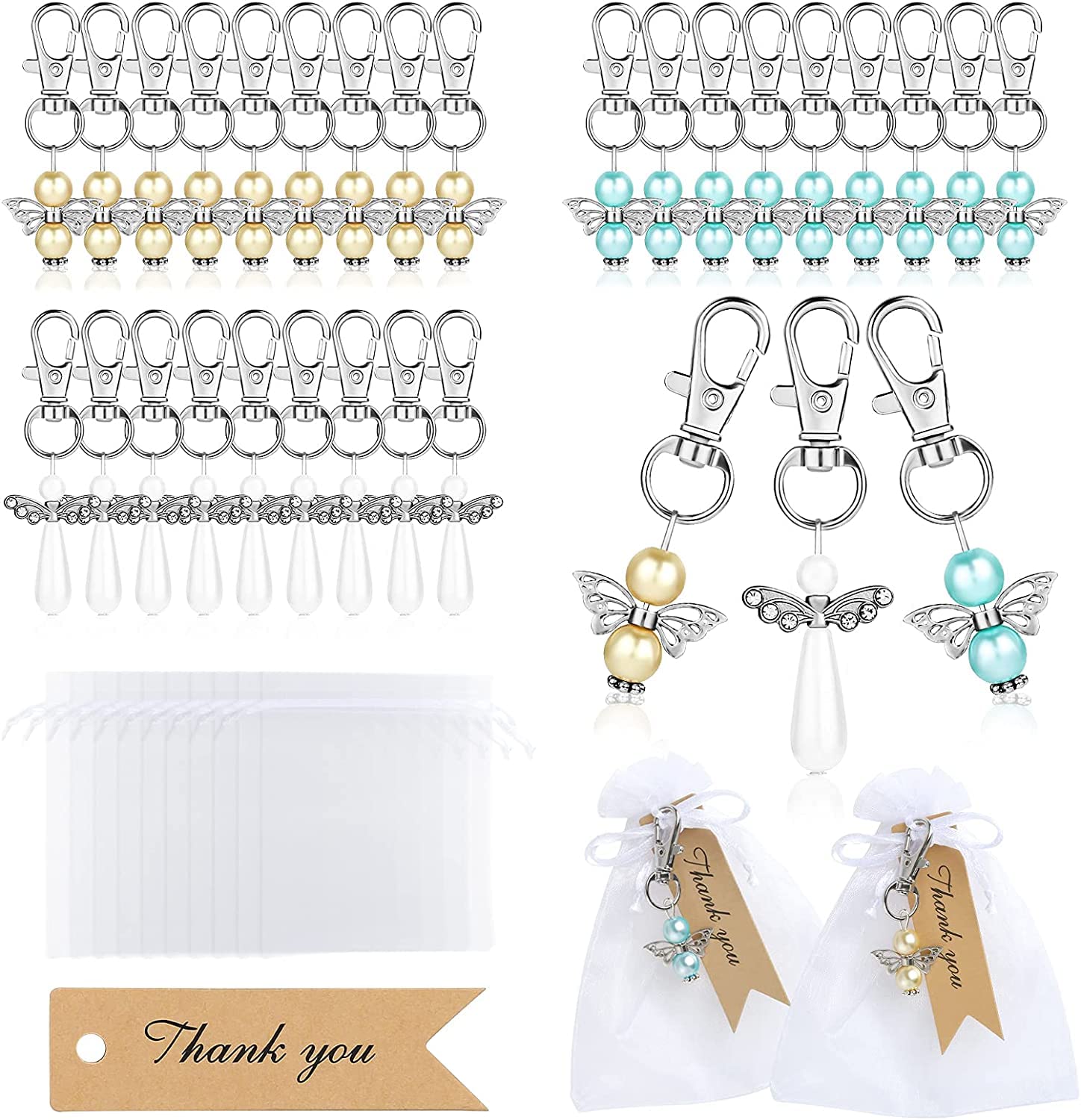 GWHOLE Set de 30 Llaveros de Ángel con 30 Bolsas, Regalo de Organza y Etiquetas de Agradecimiento, Recuerdo para Bautizos Regalo Detalles para Invitados de Boda, Cumpleaños, Fiesta, Bautismo, Favores