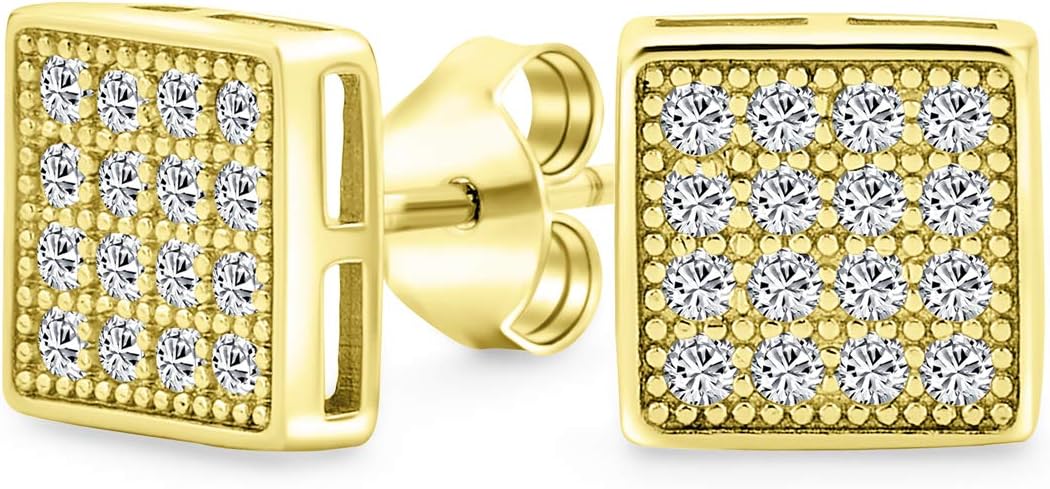 14K Gold Plated Geometric Hip Hop Square Cubic Zirconia Micro Pave CZ Stud Earrings for Men and Women .925 Sterling Silver Sizes 5 7 8 MM