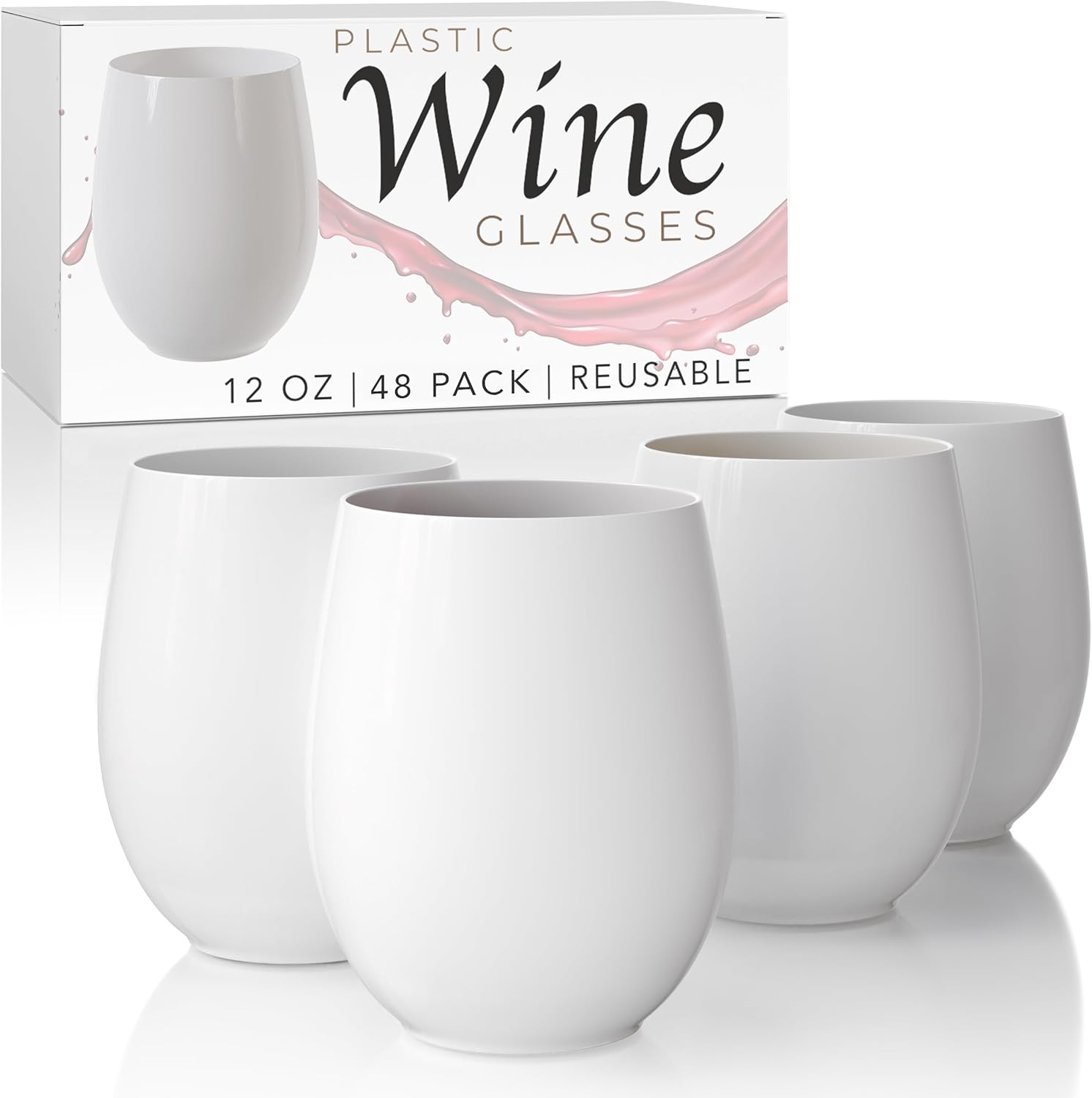 Exquisite 48 Pcs Unbreakable Stemless Plastic Wine Glasses Disposable Wine Glasses Stemless 12 Oz White Plastic Cocktail Cups White Party Cups Disposable Cocktail Glass Weddings & Events