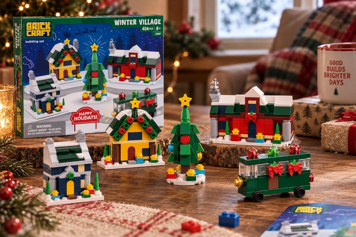Brickcraft Winter Village Building Set (404 Pieces), Christmas Village with 3 Houses, Tree & Holiday Trolley, Buildable Holiday Display Decor, Xmas Gift for Adults & Collectors
