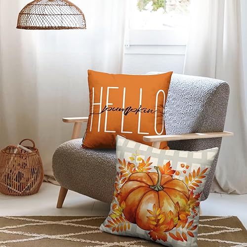 Miniatura 3 de Juego de 2 fundas de almohada decorativas de otoño de 20 x 20 pulgadas, con hojas de arce, calabaza, casa de campo, fundas de almohada de lino