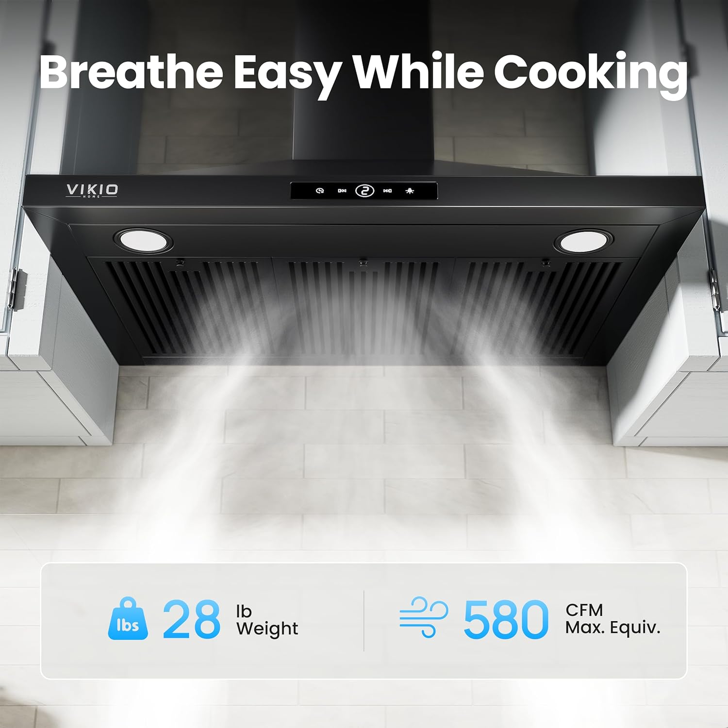 VIKIO HOME 30 inch Wall Mount Range Hood, 580 CFM Kitchen Vent Hood, Ducted/Ductless Convertible with Touch Control, Stainless Steel Stove Vent Hood, Easy Clean Filter, Black