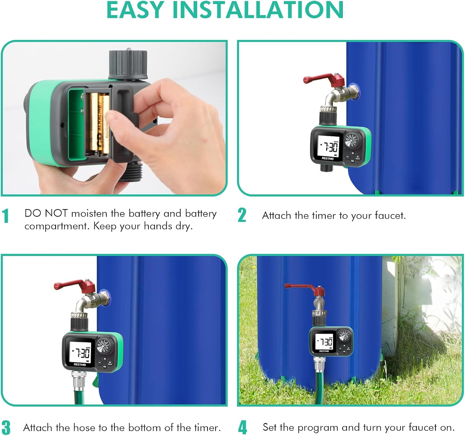 Four-step guide to easy installation of the RESTMO Sprinkler Timer