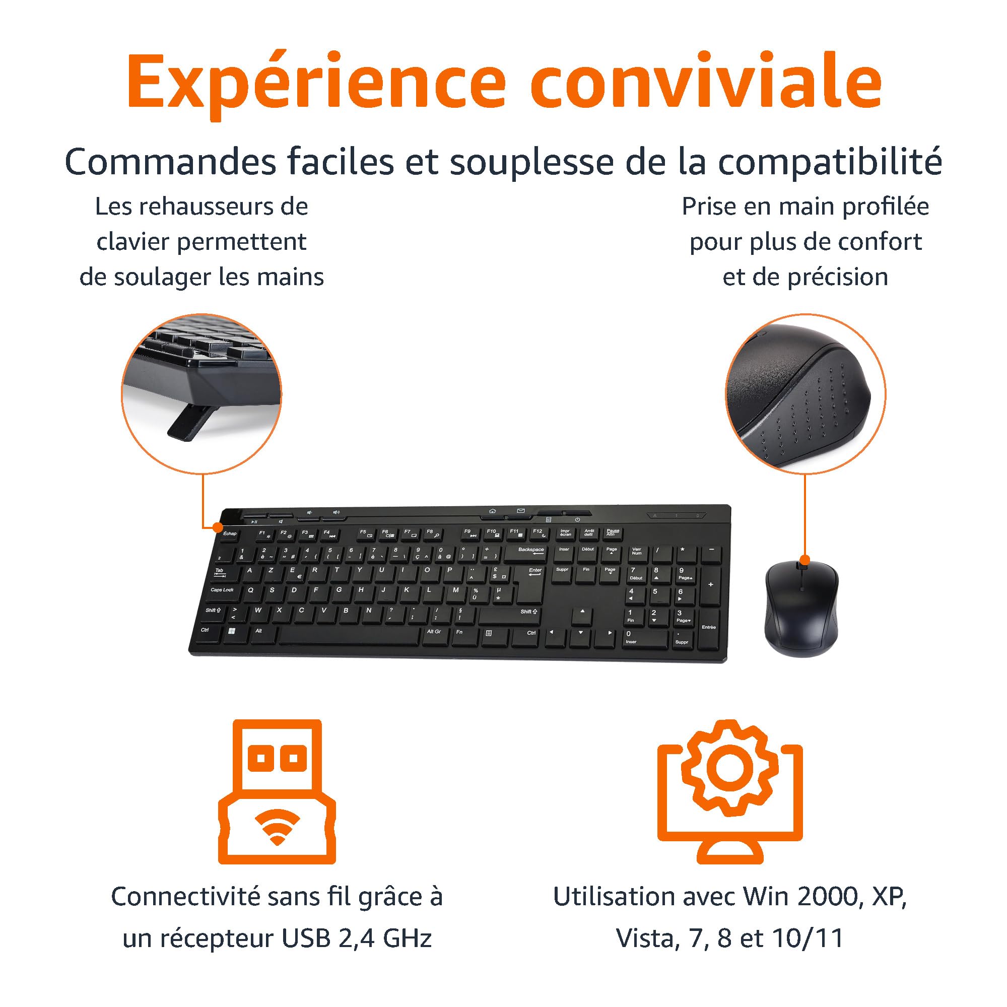 Amazon Basics Full-sized Wireless Keyboard & Mouse Combo, 2.4 GHz USB Receiver, FR Layout, Noir