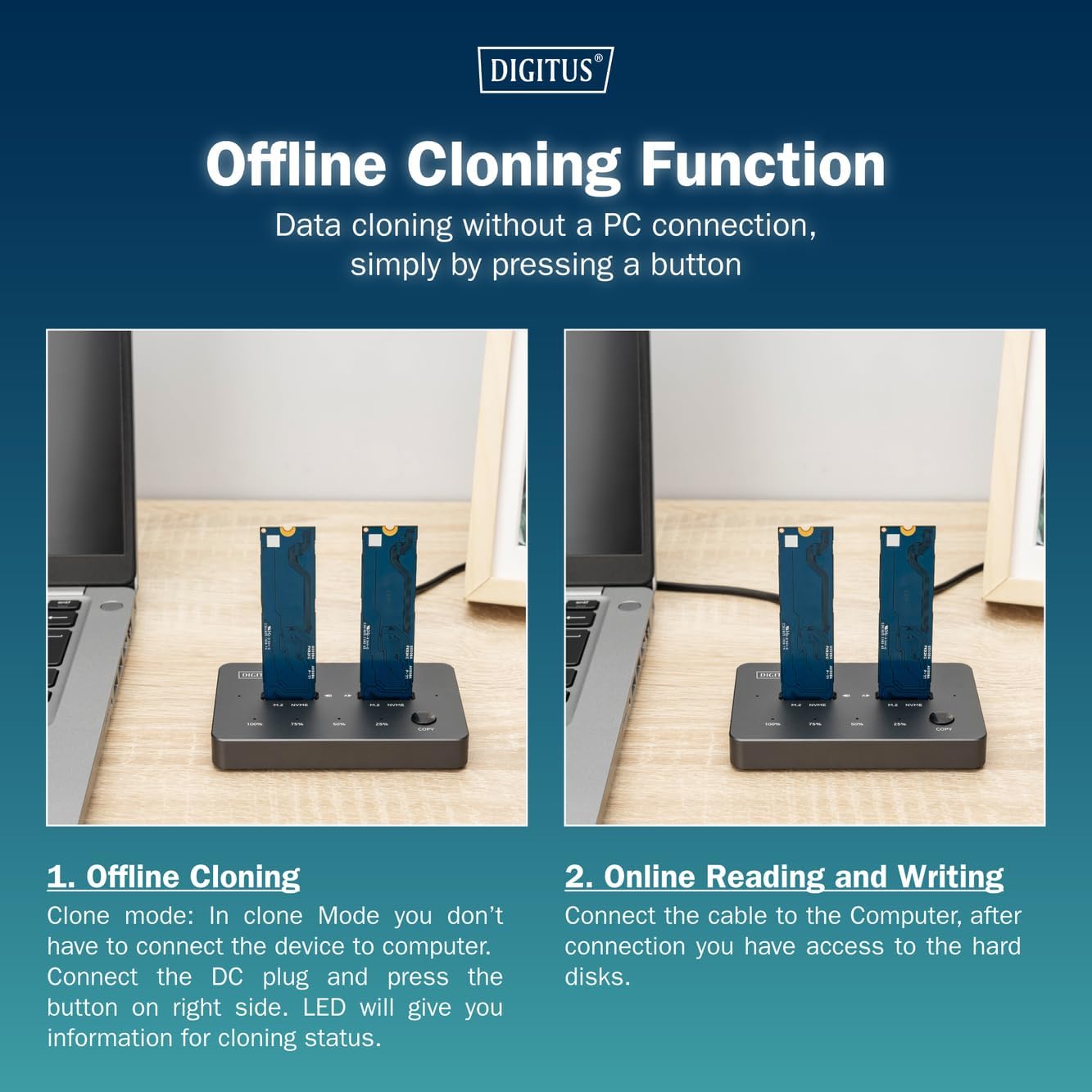 DIGITUS Dual M.2 NVMe SSD Clone Station - USB 3.1 Gen2 Type-C - M.2 module type 22110, 2280, 2260, 2242 - M/B+M key - Offline clone function - 10 Gbit/s - Black