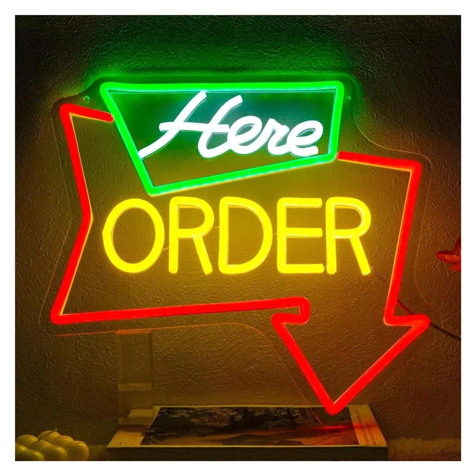 RONGCH Hanging Art Neon Signs Order Here Neon Sign Arrow LED Light Dimmable for Business Supermarket Cash Desk Store Bar Restaurant Shop Wall Decor 32cmx35.3cm