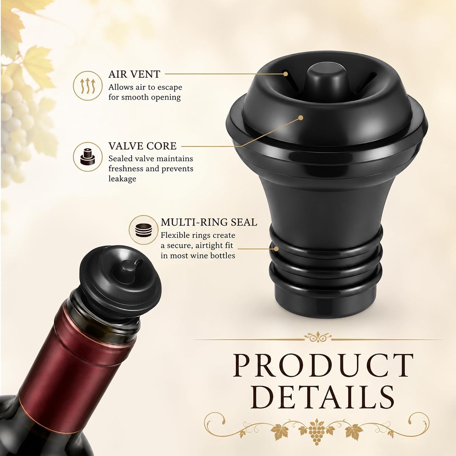 60 Pcs Wine Stoppers Vacuum Resealable Wine Savers for Wines Bottle, Black