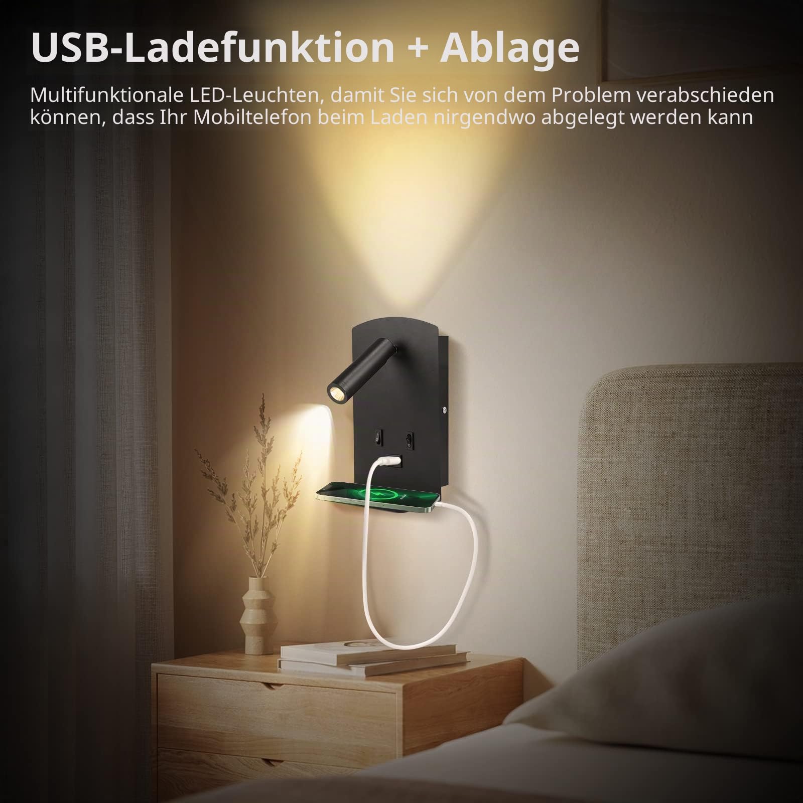 LED Leselampe Wandlampe 2pcs, Leseleuchte am Bett mit mit Handyablage, Verstellbare Wandleuchte am Bett, mit USB-Ladeanschluss und Schalter, Wandleuchten für den Flur(Warmes Licht 3W + 9W) (Schwarz)