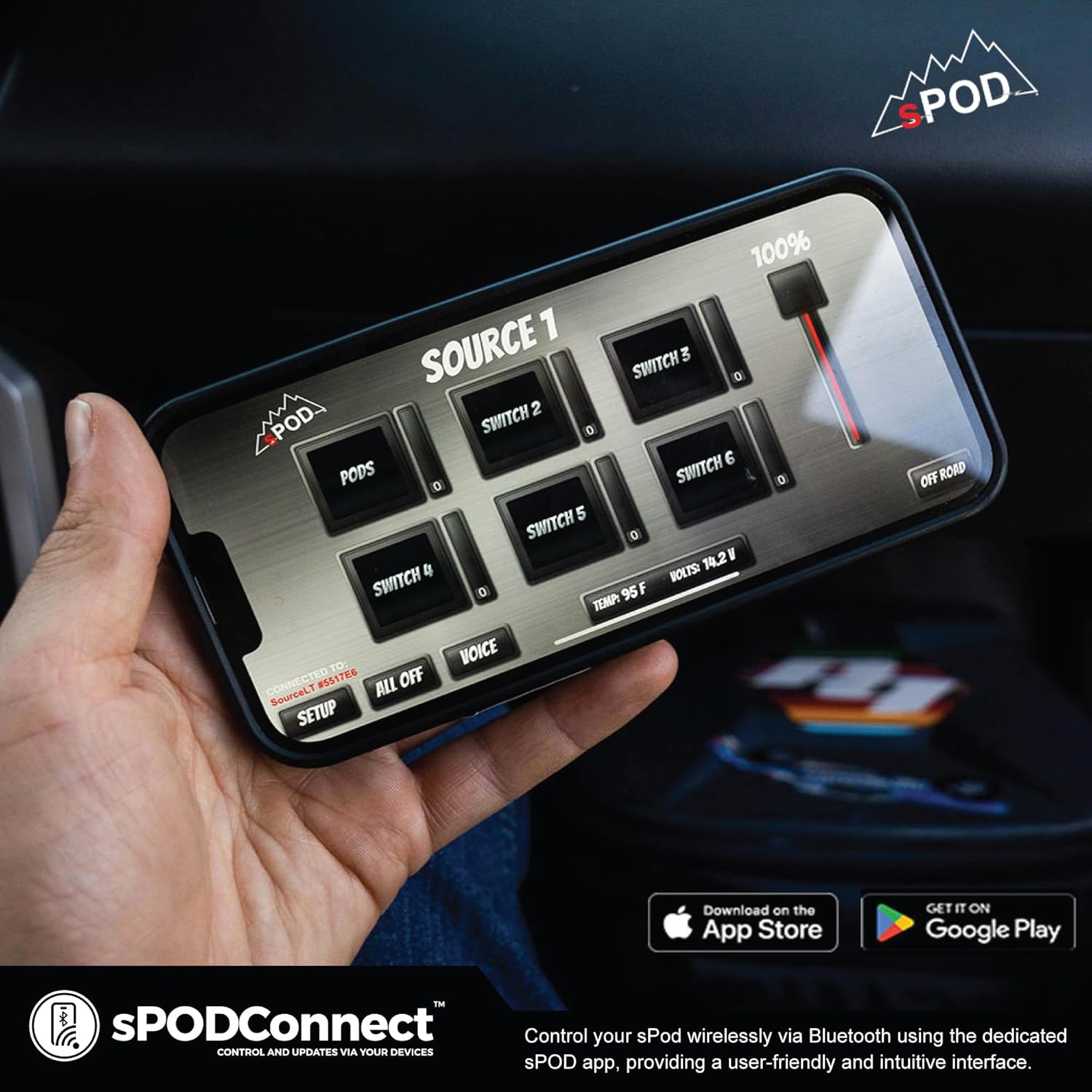 Mobile phone displaying the sPODConnect app interface for controlling accessories