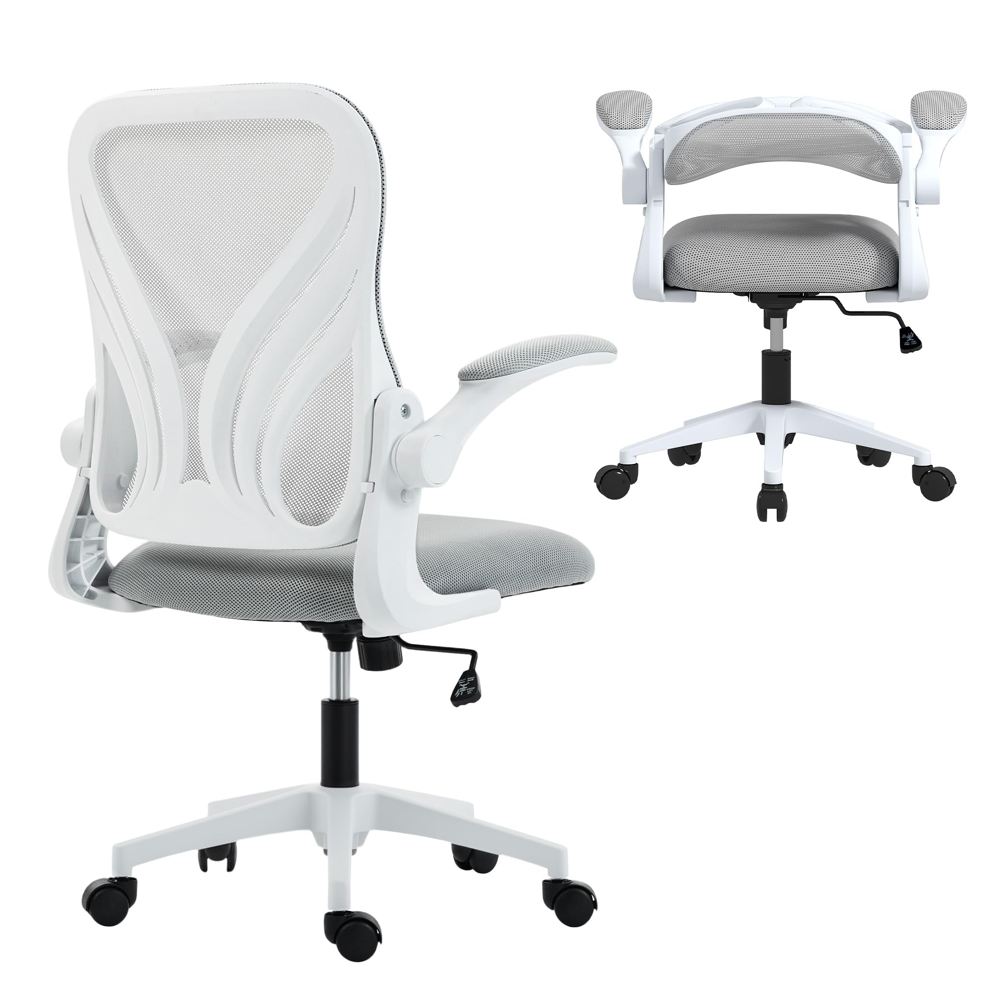 HOMCOM Office Chair with Foldable Backrest, Mesh Desk Chair with Flip-up Armrest, Lumbar Support, Tilt Function, Swivel Wheels for Home Office, Light Grey