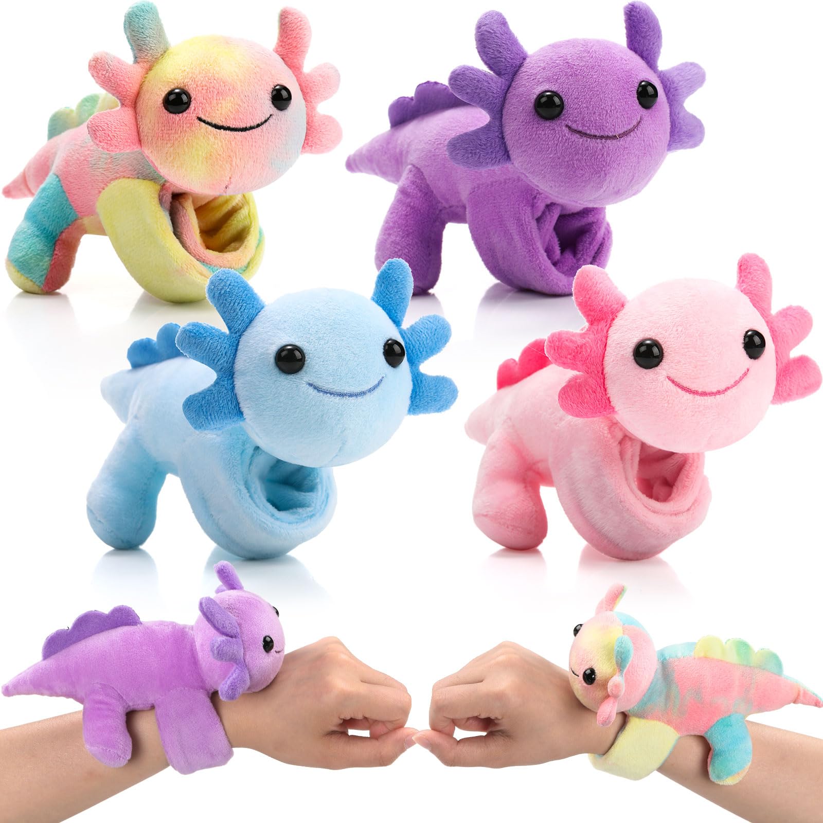 Silipull 4 Pcs Axolotl Stuffed Animal Slap Bracelets for Kids Gifts 8" Plush Animal Wrist Cute Snap Bracelet for Boy Girl Christmas Birthday Gifts