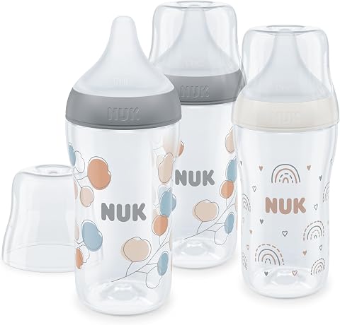 NUK Perfect Match Set de biberones | +3 meses | Se adapta al paladar | Control de temperatura | Ventilación anticólico | 260 ml | Sin BPA | Tetina de silicona mediana | Arcoíris y Ramita | 3 uds.