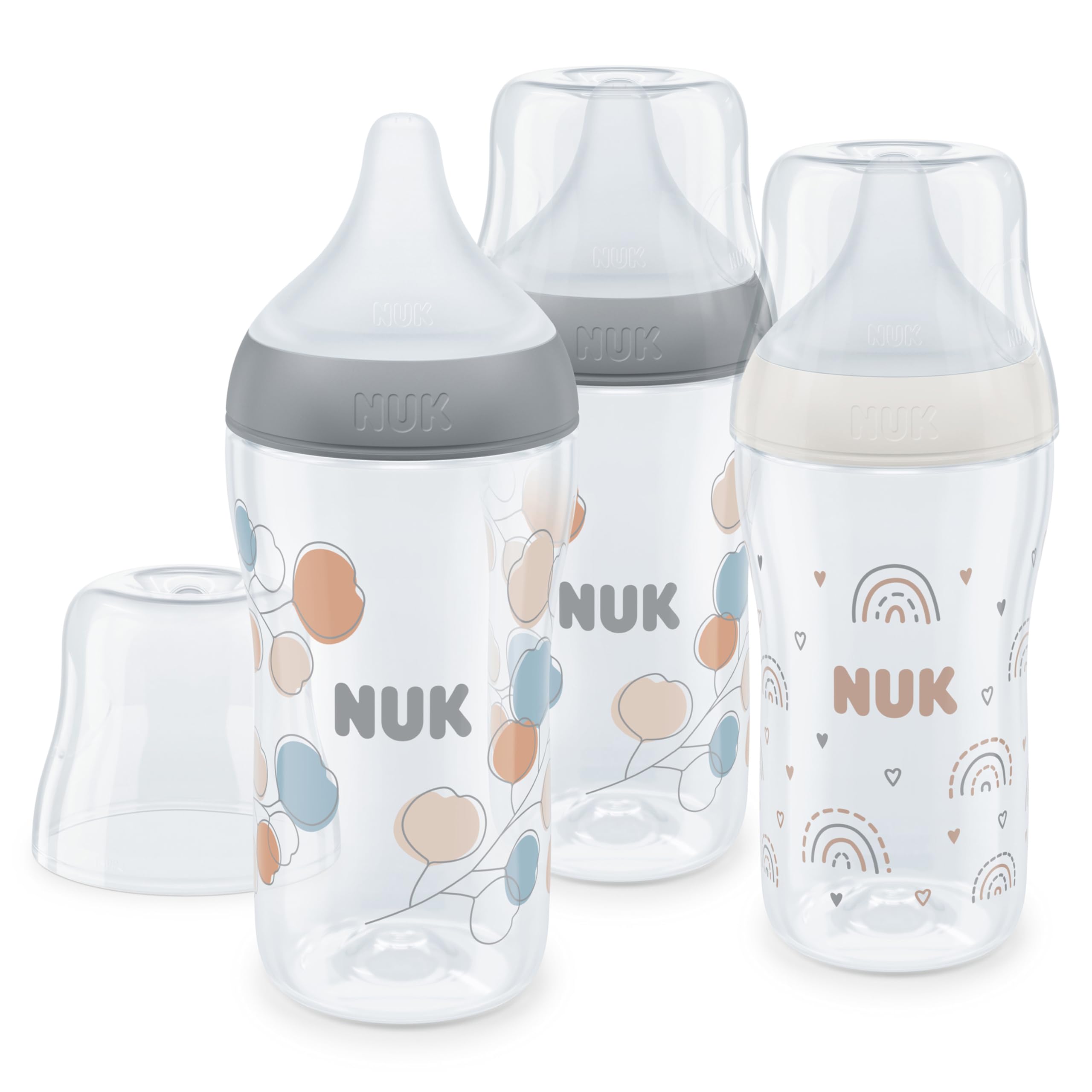 NUK Perfect Match Babyflaschenset | Ab 3 Monate | Passt sich dem Baby an | Temperature Control | Anti-Colic | 260 ml | BPA-frei | Silikontrinksauger, Medium | Regenbogen und Zweig | 3 Stück