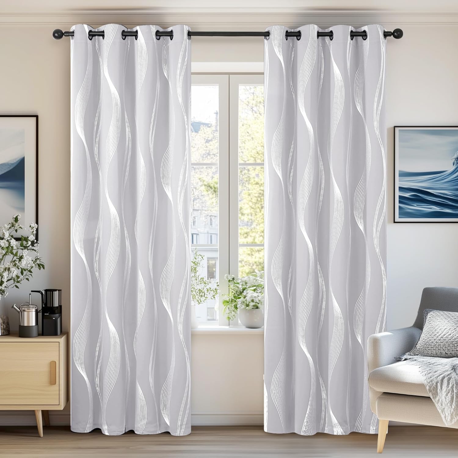 Deconovo Super Soft Wave Line Foil Printed Thermal Insulated Blackout Curtains Window Treatment Eyelet Curtains for Bedroom Silver Grey W42 x L72 2 Panels โ image 1