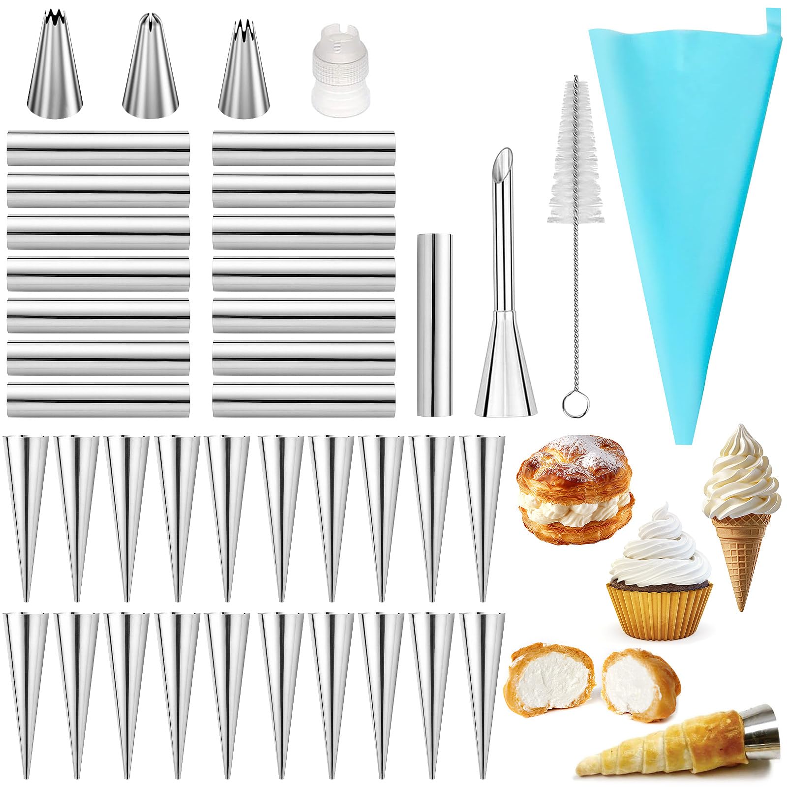 42pcs Cannoli Forms Tubes Kit With Piping Bags Reusable,Non-stick Stainless Steel 20pcs Cone Shaped and 15pcs Tubular Shaped Baking Molds for Danish Pastry Lady Lock Form Cream Roll Croissant