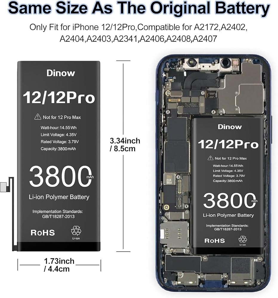 Dinow Replacement for iPhone 12/12 Pro Battery Kit, 3800mAh High Capacity, New Upgrade 0 Cycle, for iPhone 12 Model A2403/ A2172/ A2402/ A2404 with Full Set Professional Repair Tool Kits