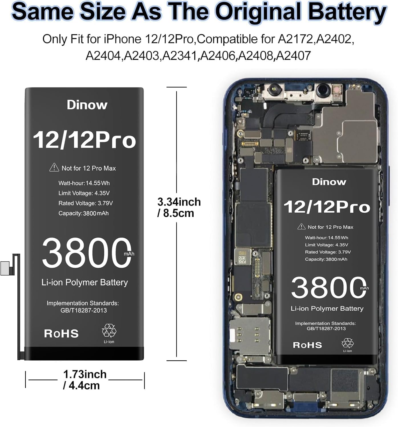 Dinow Replacement for iPhone 12/12 Pro Battery Kit, 3800mAh High Capacity, New Upgrade 0 Cycle, for iPhone 12 Model A2403/ A2172/ A2402/ A2404 with Full Set Professional Repair Tool Kits