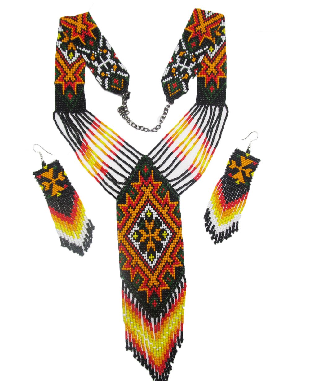 Handmade Gorgeous Black FIRE Color Long Layered Seed Beaded Necklace Earring Set S-58-SB-3