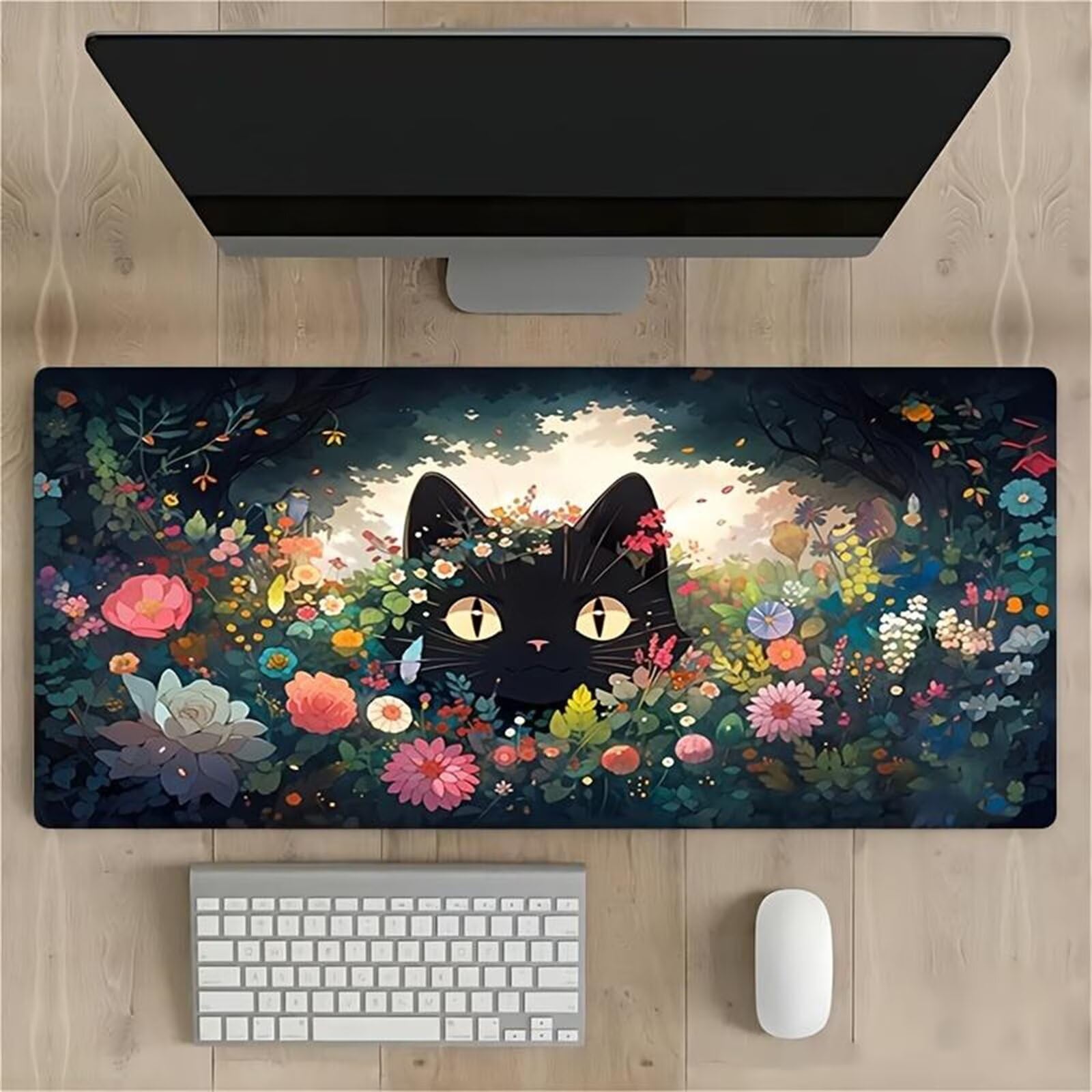 Tappetino per Mouse Gaming XXL 1200x600x2 mm, Mousepad Extra Large da Scrivania con Bordi Cuciti, Tappetino per Tastiera Antiscivolo, Superficie Ottimizzata per Sensori Ottici, Fiori Gatto