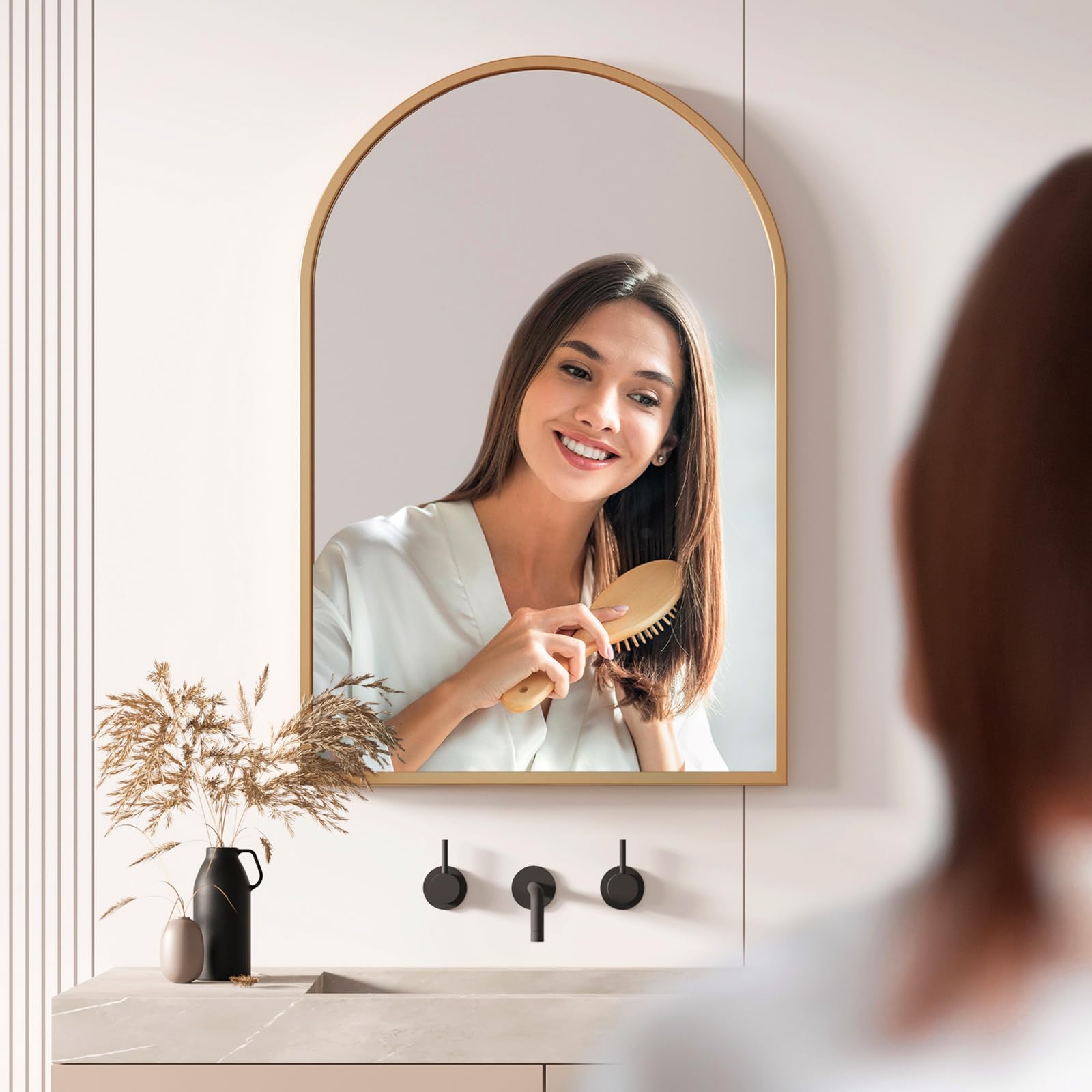 Dripex Miroir Mural Arche 60×90cm Or, Grand Miroir de Maquillage avec Cadre en Alliage d'Aluminium Idéal pour Entrée Chambre Salon Salle de Bain