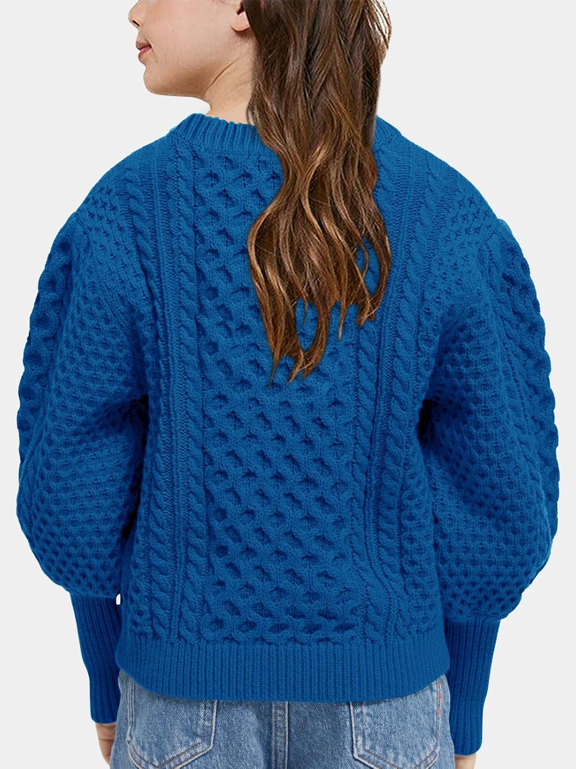 rrhss Girls Cable Knit Sweaters Kids Fall Fashion Puff Sleeve Ribbed Cuffs Crewneck Clothes 5-14 Years - Image 2