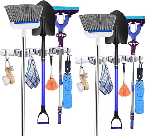 Paquete de 2 3 estantes y 4 ganchos para escobas, montaje en pared, acero inoxidable cepillado SUS 304, organizador de herramientas de