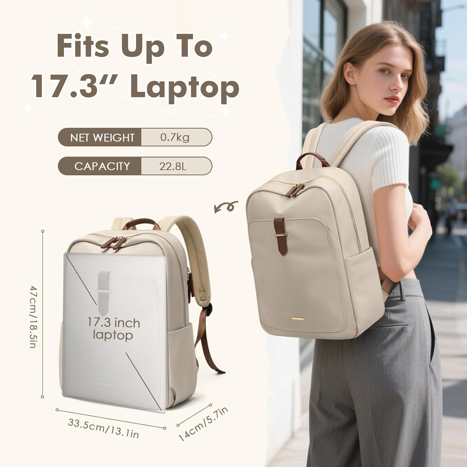 Laptop Backpack for Women,Casual Work Business Backpacks Purse Carry on Travel Backpack,17.3 Inch,Apricot