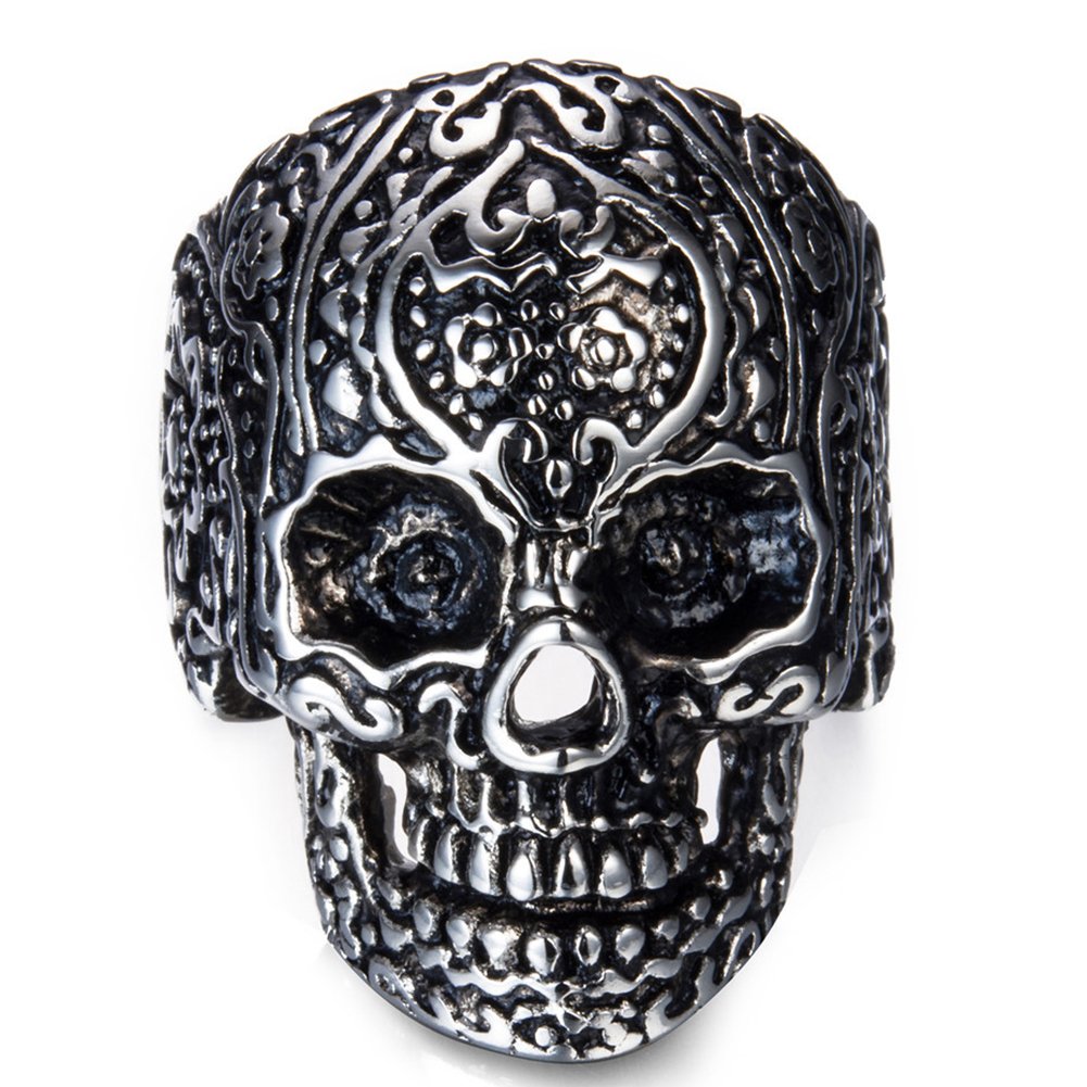 JINSHIYINYU Jewelry Stainless Steel Ring, Vintage Gothic Skull Band, Black Silver