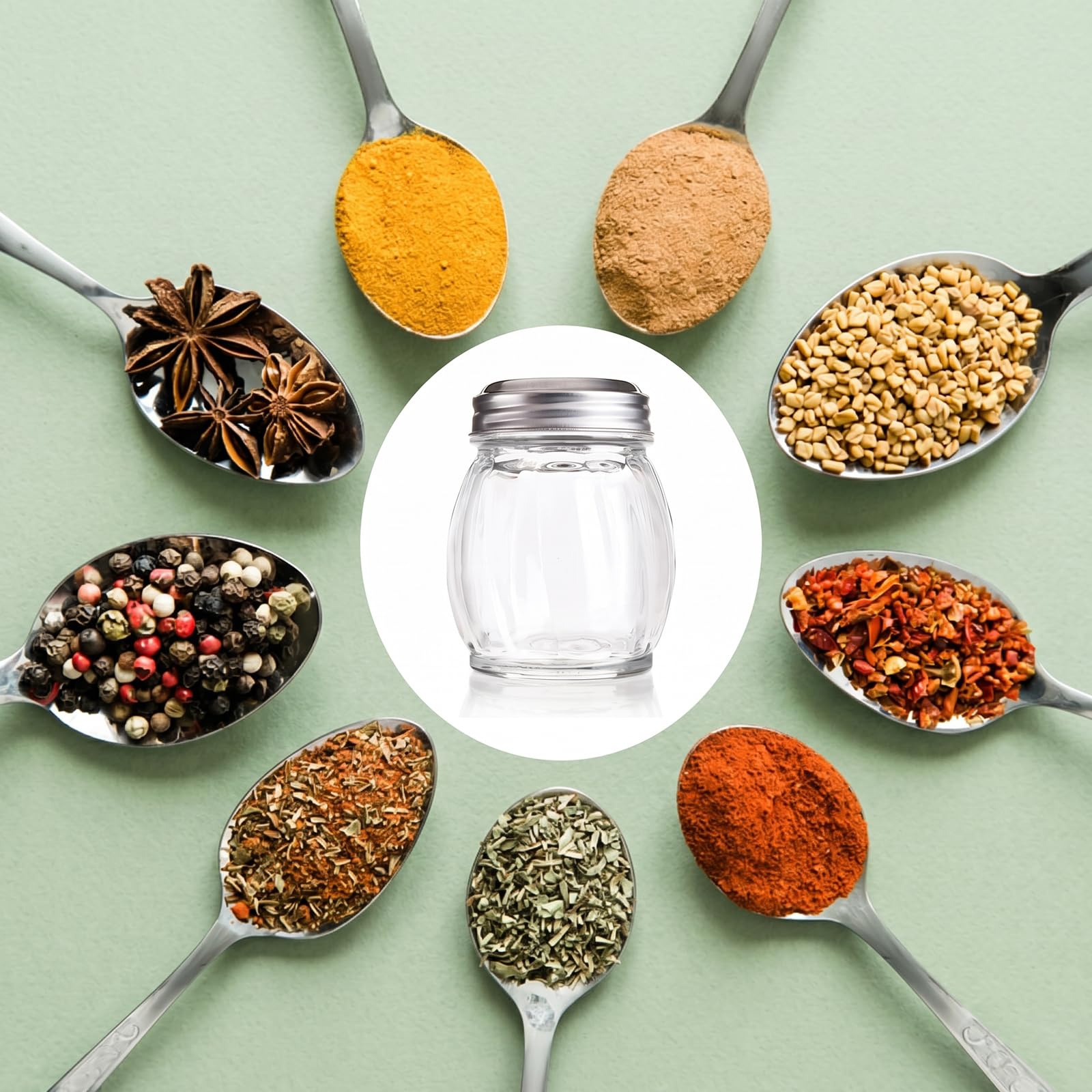 Nicunom Juego de 20 cocteleras de cristal para queso y especias, 6 onzas de queso parmesano con tapa ranurada de acero inoxidable rojo pimiento y sal salero remolino de vidrio estilo retro