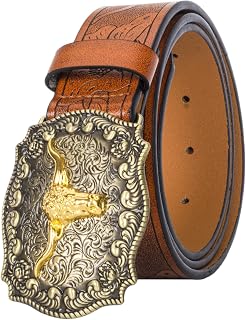 Western-PU-Leather-Belts for Men and Women Cowboy-Cowgirl Longhorn-Bull-Pattern-Engraved-Buckle-Belt for Unisex