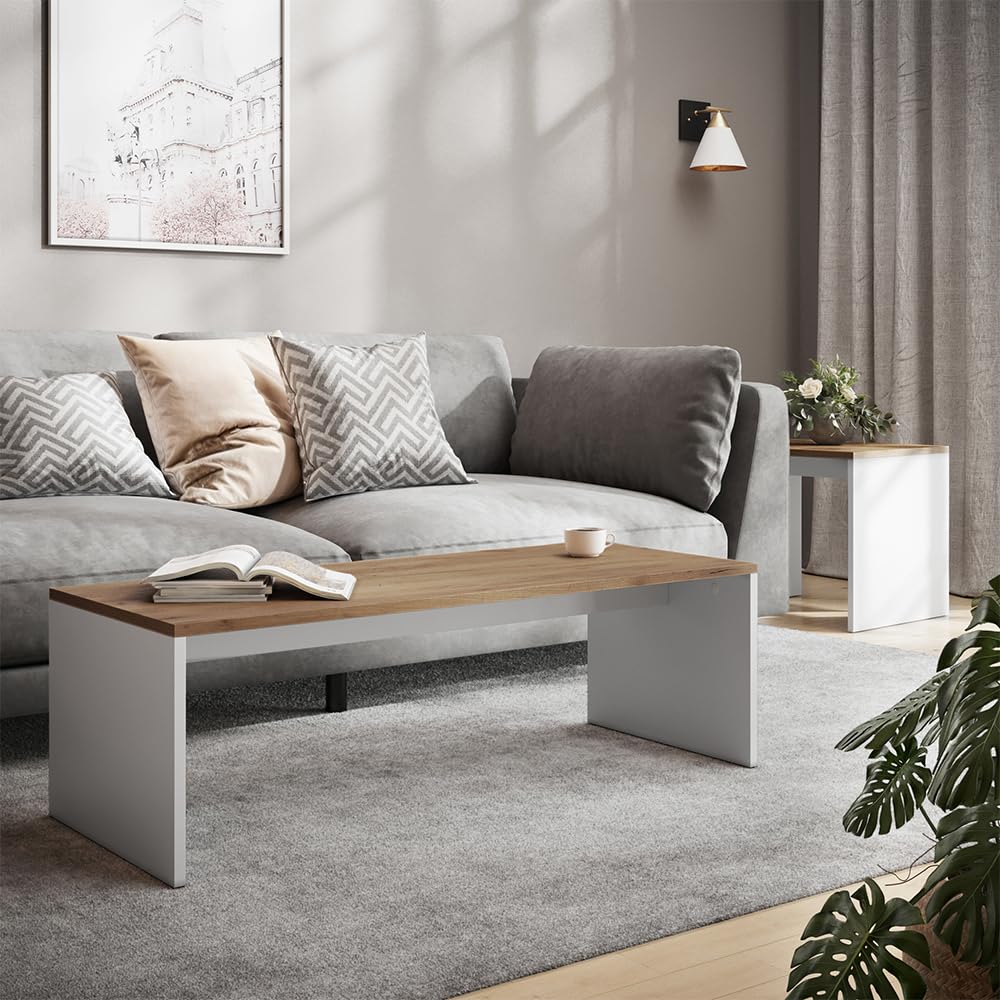 Vicco Set di tavolini da salotto Donat, Rovere bianco/dorato, 100 x 48 cm, 2 parti, per un utilizzo flessibile come tavoli singoli o combinati