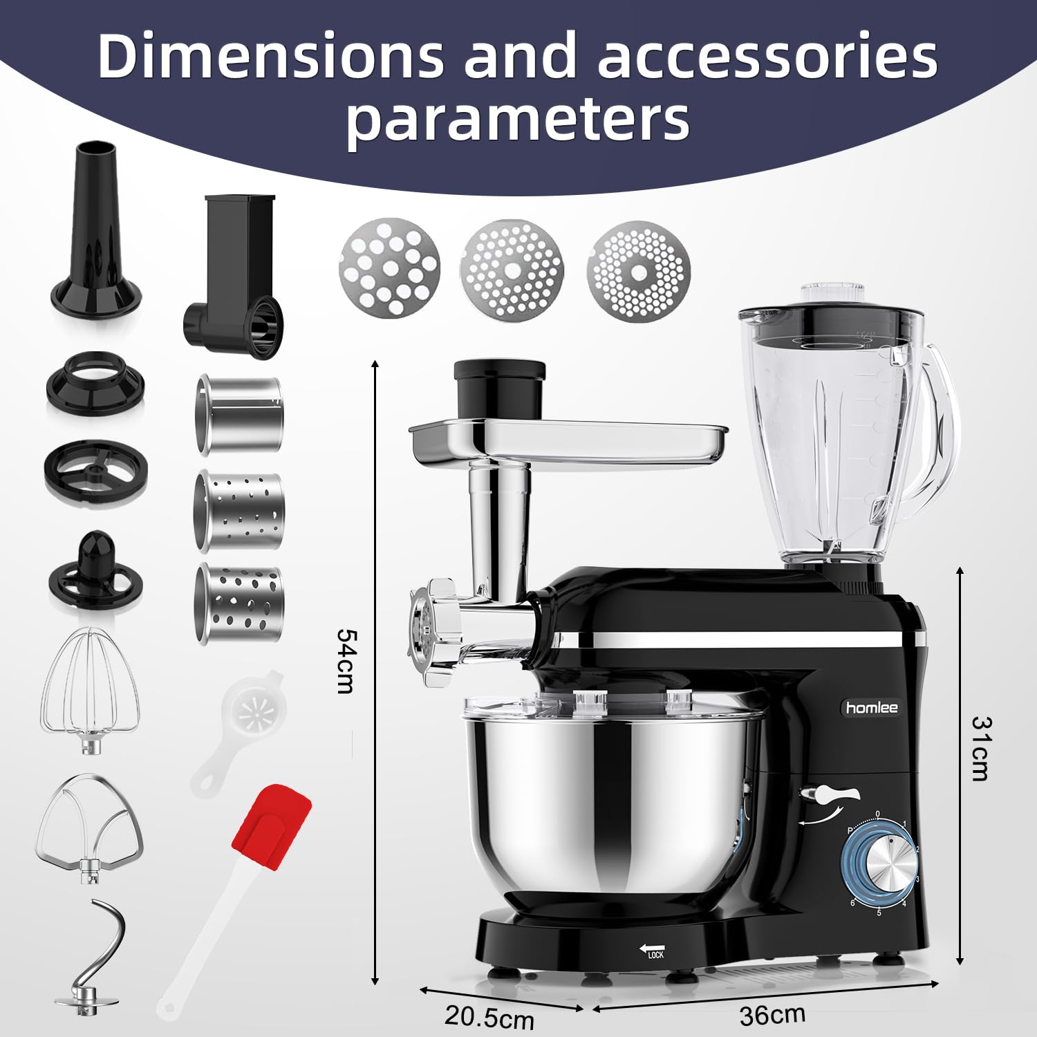 Homlee 3 en 1 Robot Pâtissier,2000W Robot Cuisine Multifonctions,avec Hachoir à Viande,1,5L Mixeur,Ensemble de légumes,Accessoires pour Saucisses,5.5L Bol Mélangeur,Fouet,Crochet Pétrisseur,Batteur