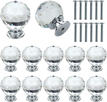 12 Piece 30mm Crystal Ball Glass Diamond Door Knobs with Screws, Premium Light Luxury Knobs Wardrobe Cupboard Drawer Knobs Single Hole Knobs Clear