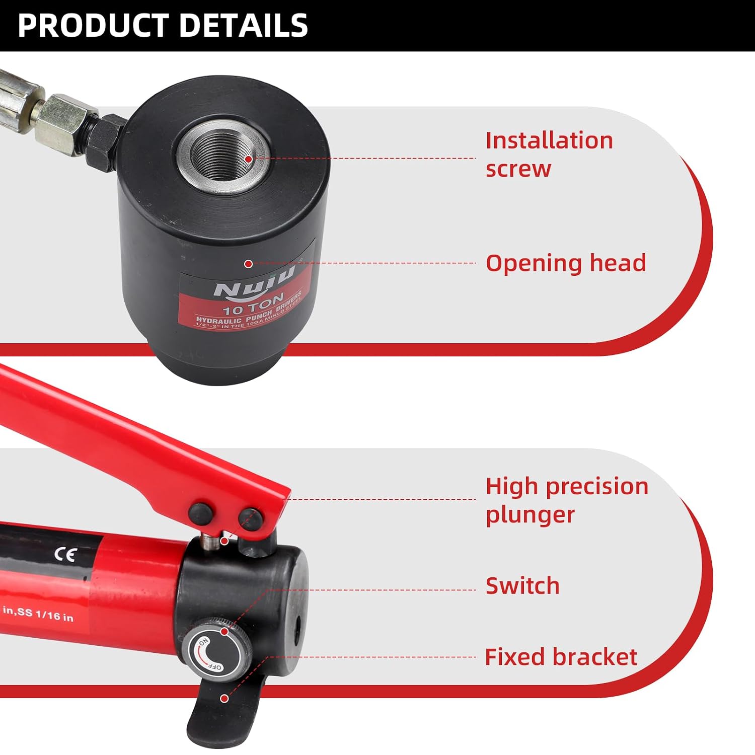 10 Ton Hydraulic Knockout Punch Kit, SYK-8B Conduit Hole Cutter (1/2" to 2"), Labor-Saving KO Tool for Auto Repair, Construction & Mechanical Engineering, Durable Steel Construction