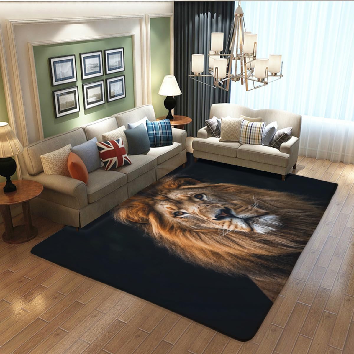 Modern Lion Carpet Area Rug, Lion Vintage Washable Mat, Animal Themed Rugs for Bedroom, Lions Print Non Slip Non Shedding Mats for Living Room Floor Carpets 3'4''x5'