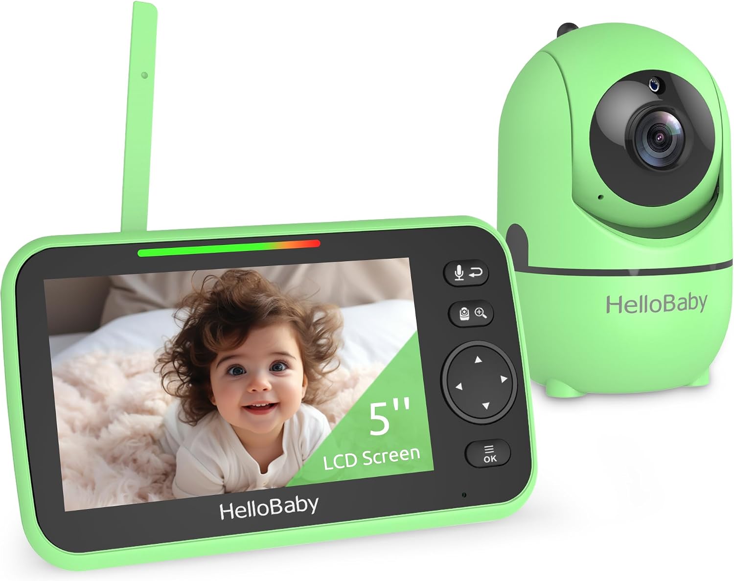 HelloBaby No WiFi Baby Monitor Green 5" Screen 30-Hour Battery Pan-Tilt-Zoom Video Upgrade with Camera and Audio, Night Vision, VOX, 2-Way Talk, 8 Lullabies and 1000ft Range, Ideal for Gift