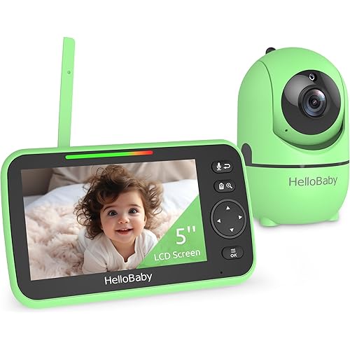 HelloBaby No WiFi Baby Monitor Green 5" Screen 30-Hour Battery Pan-Tilt-Zoom Video Upgrade with Camera and Audio, Night Vision, VOX, 2-Way Talk, 8 Lullabies and 1000ft Range, Ideal for Gift