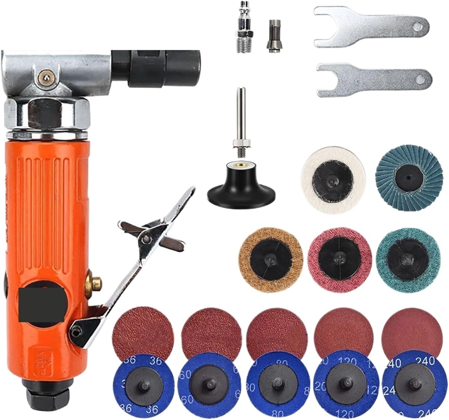 1/4'' Air Angle Die Grinder 90 Degree Pneumatic Grinding Polisher Mill Engraving Machine with 2inch Sanding Discs 20000RPM(Black set)