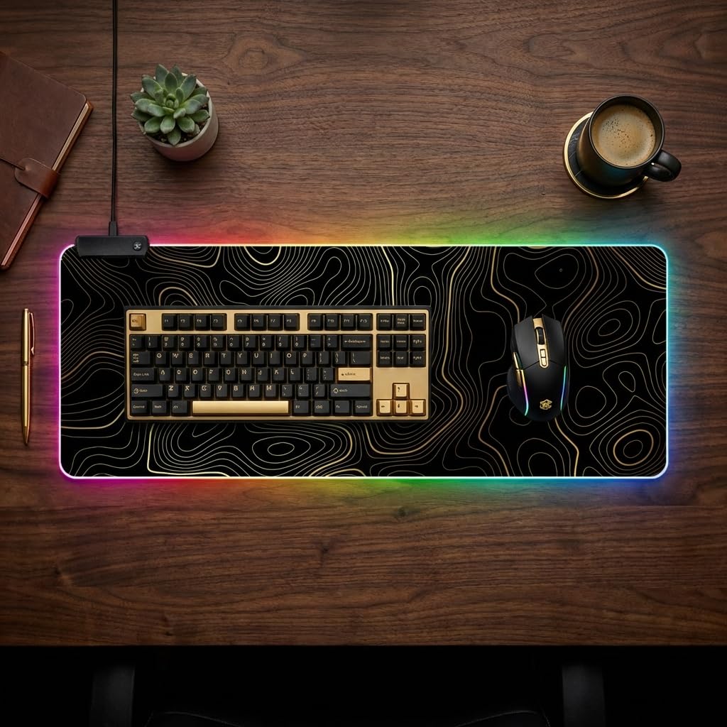 Grand tapis de souris de jeu topographique LED RVB – Grand tapis de bureau avec motif de carte des contours, base en caoutchouc antidérapant et bords cousus pour PC et ordinateur portable (noir avec