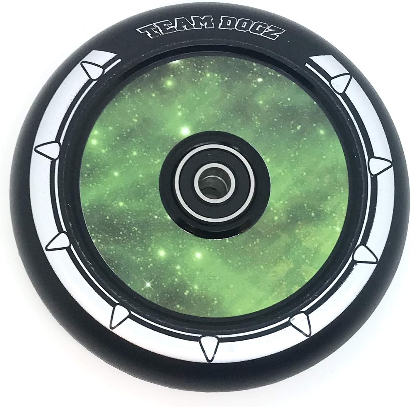 Team Dogz Scooter Hollow Core (UFO) 110mm Alloy wheel/wheels Galaxy Green or Blue Core with Black PU. single wheels or a pair
