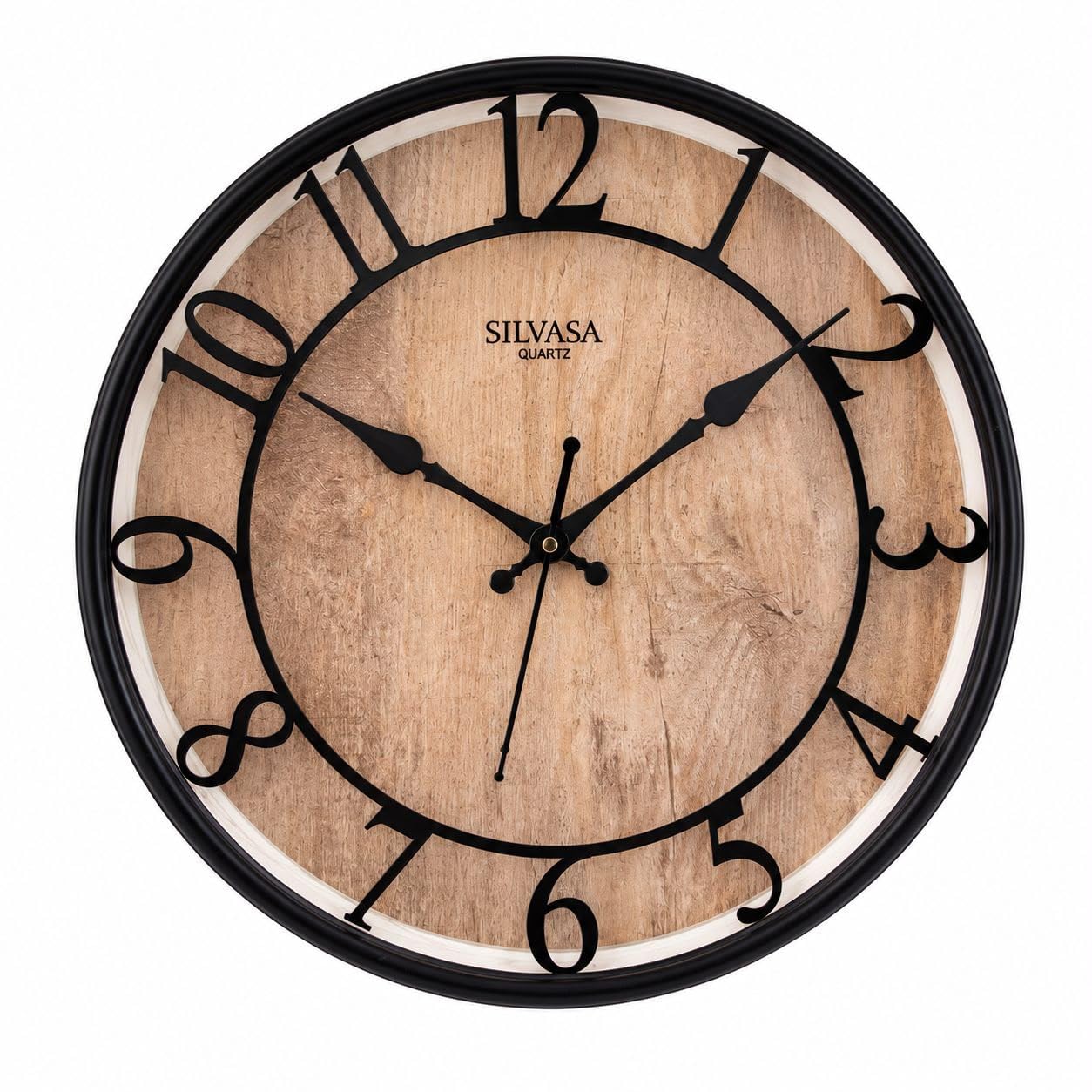 Quartz Round Wall Clock 12 Inch, Rustic Wood Finish Dial, Matte Black Frame, Large Elegant Numerals for Home Decor, Living Room, Bedroom and Office-image-23