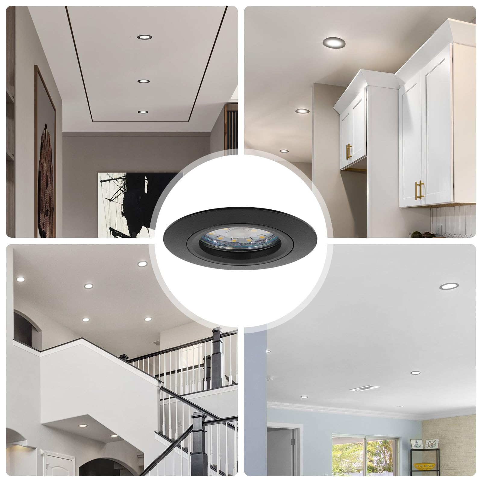 4x Reflektor wpuszczany GU10 aluminium, czarny uchwyt wpuszczany reflektor rama montażowa z gniazdem GU10, okrągły reflektor sufitowy 68 mm ekstra płaski do lamp LED, otwór montażowy ø60