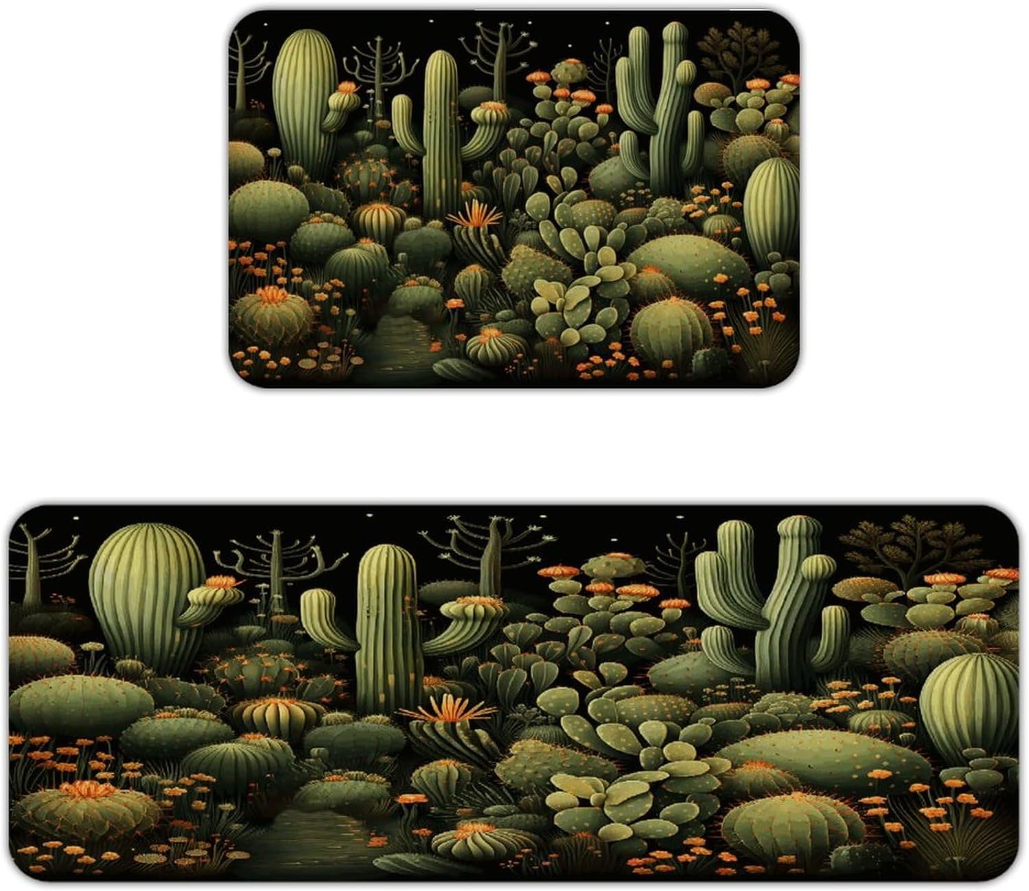 Green Cactus Kitchen Mats with 2PCS Non-Slip Washable,Kitchen Rug Heavy Duty Durable, Floor Mats for Kitchen,Office,Sink,Laundry