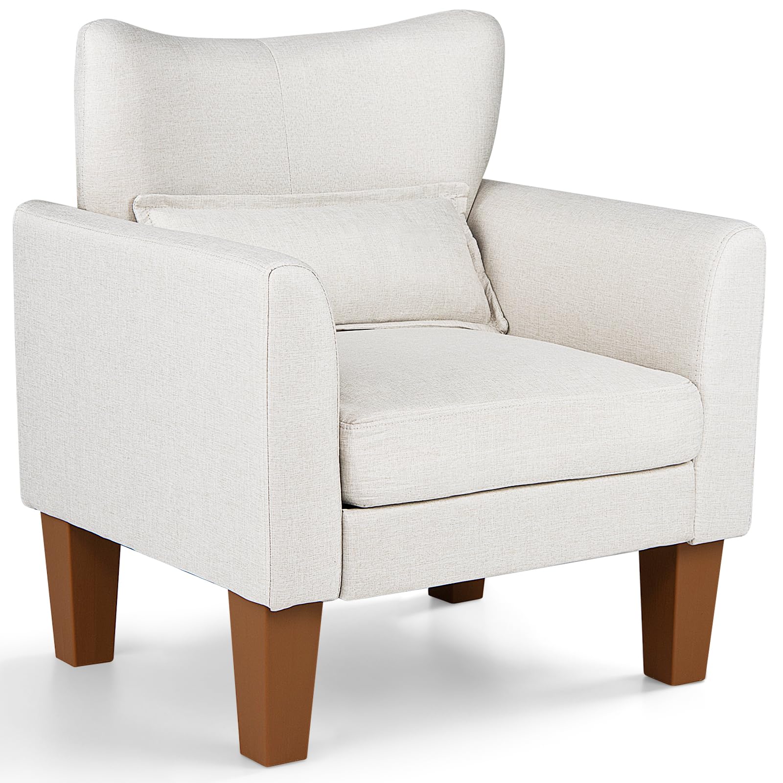 COSTWAY Wingback Armchair, Linen Fabric Accent Chair with Pillow (Beige)