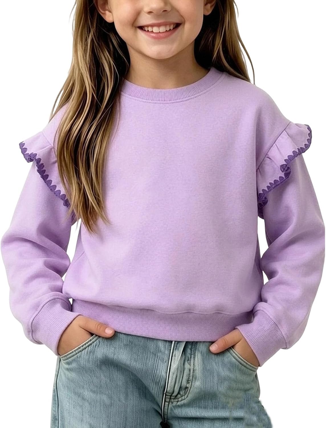 Girls Crewneck Sweatshirt Ruffle Sleeve Fleece Pullover Cute Top