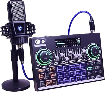 Audio Interface with DJ Mixer and Live Sound Card Portable ALL-IN-ONE Podcast Equipment Bundle Kit, Professional XLR Microphone